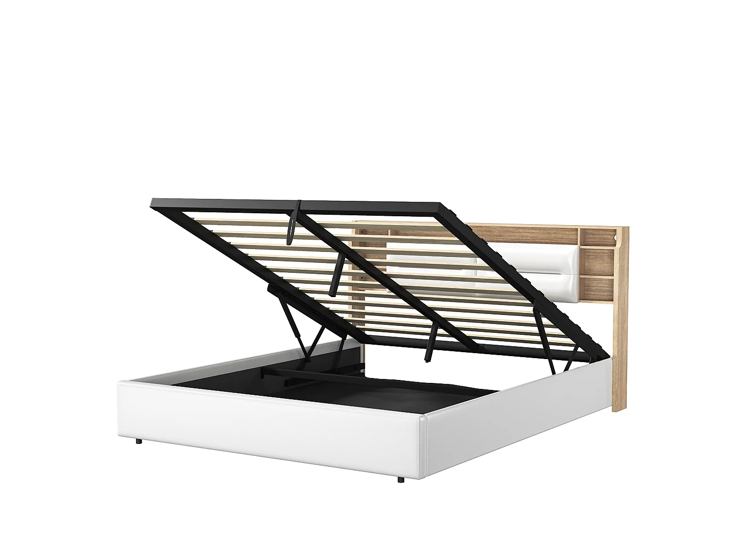 Cama tapizada, 140 x 200 cm, con LED y carga USB, cama doble, espacio de almacenamiento, PU, blanco