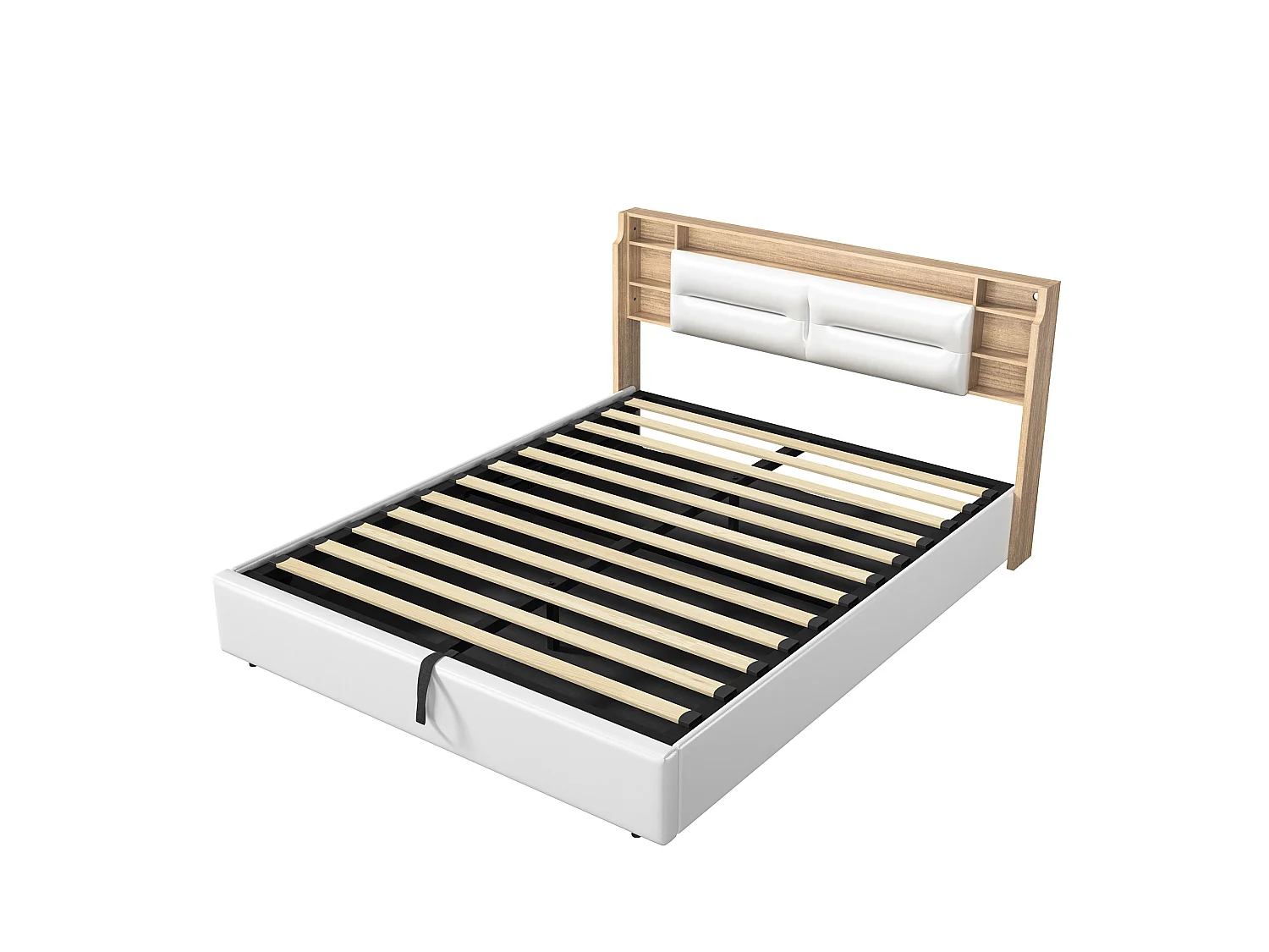 Cama tapizada, 140 x 200 cm, con LED y carga USB, cama doble, espacio de almacenamiento, PU, blanco