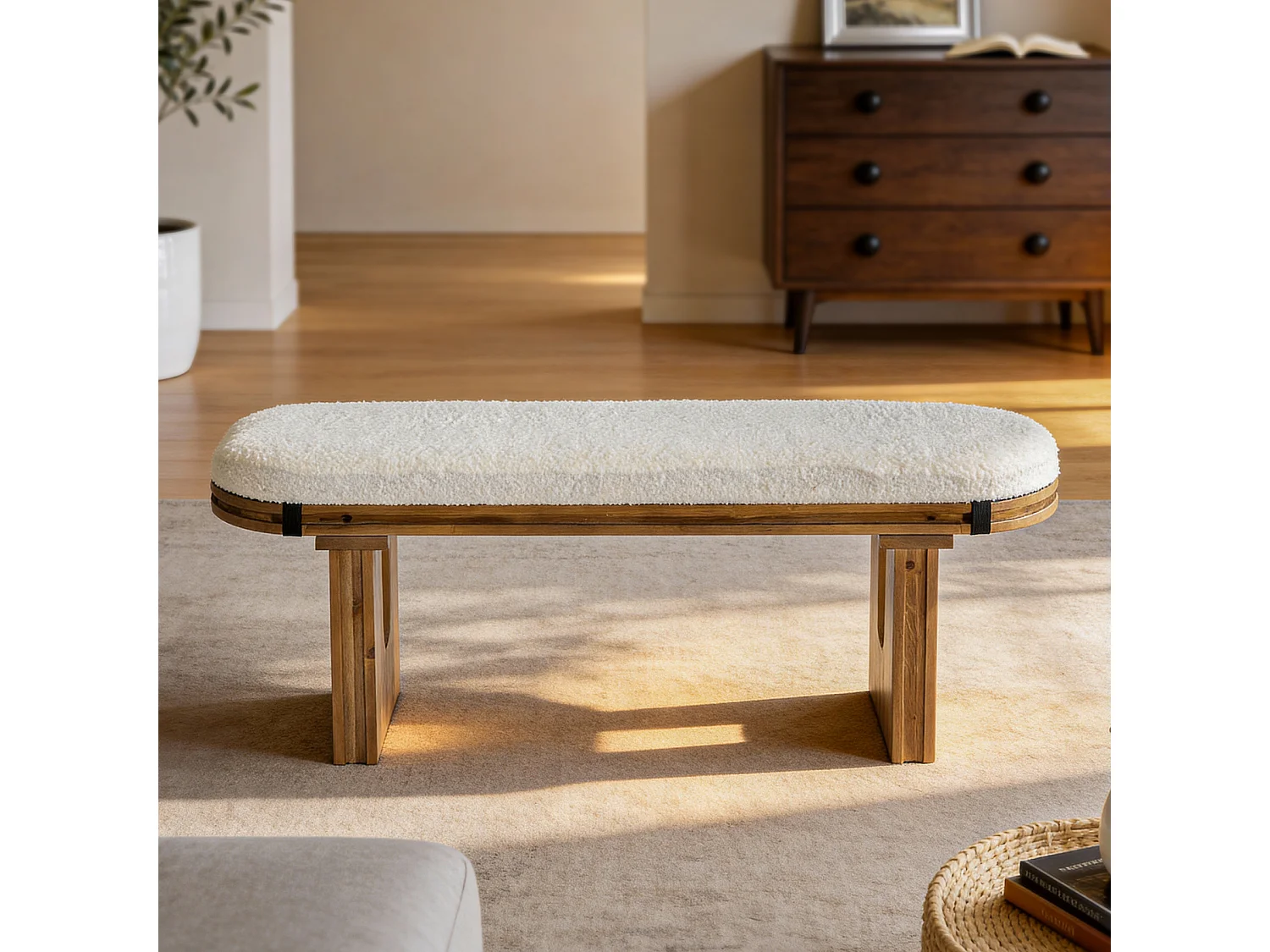 Massiv träbänk, 120 cm sänggavelbänk, hallbänk med klädda möbler