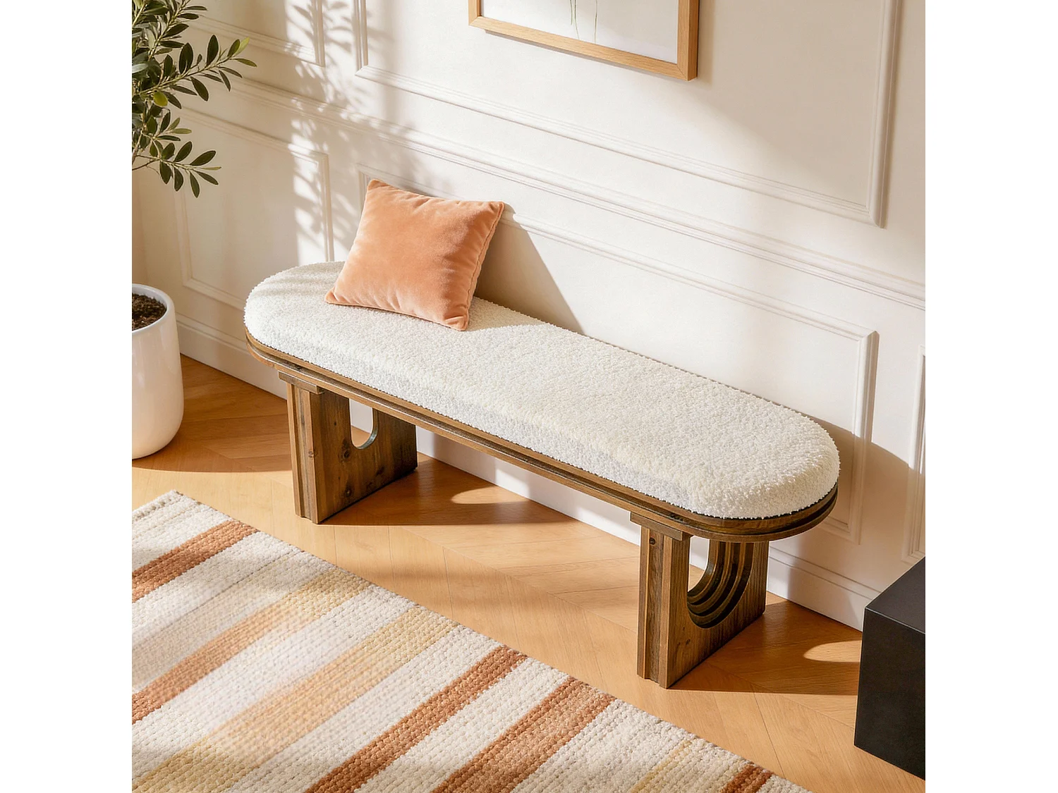 Massiv träbänk, 120 cm sänggavelbänk, hallbänk med klädda möbler