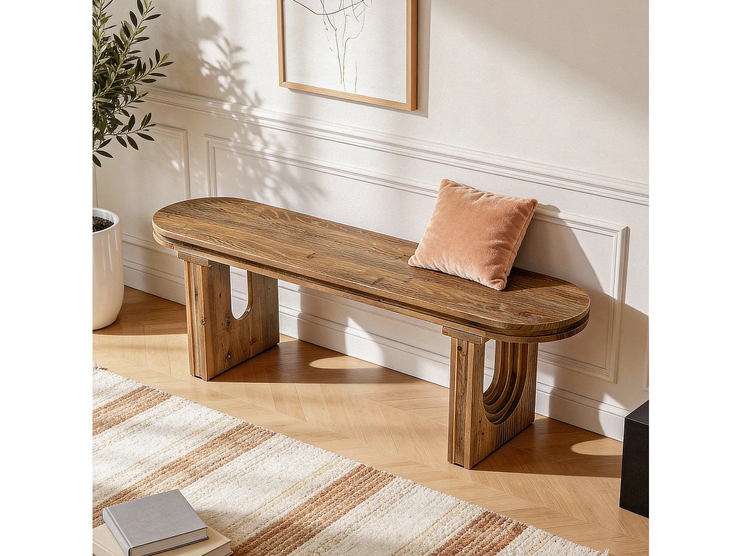 Massiv träbänk, 120 cm sänggavelbänk, hallbänk med klädda möbler