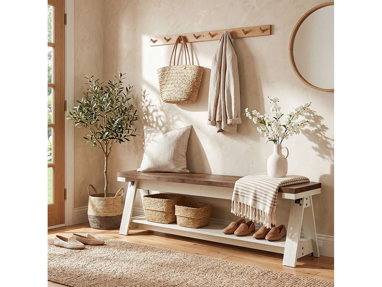 Entrébänk med öppna hyllor, sänggavelbänk i 2 nivåer, MDF 150 x 34,5 x 42 cm