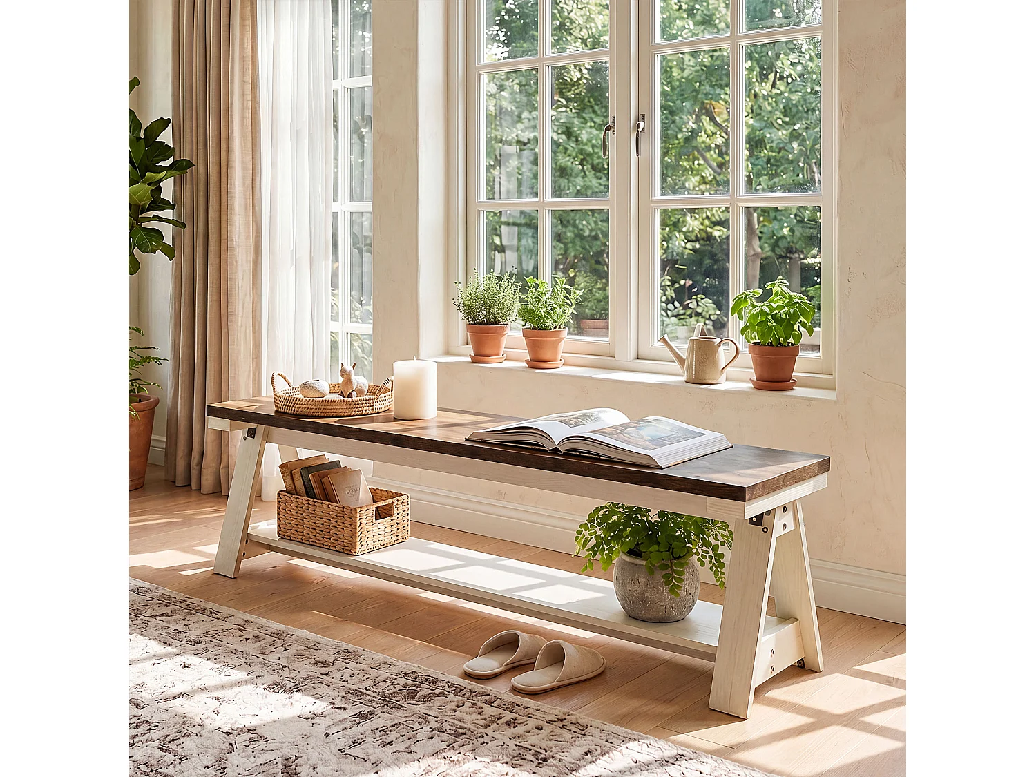 Entrébänk med öppna hyllor, sänggavelbänk i 2 nivåer, MDF 150 x 34,5 x 42 cm