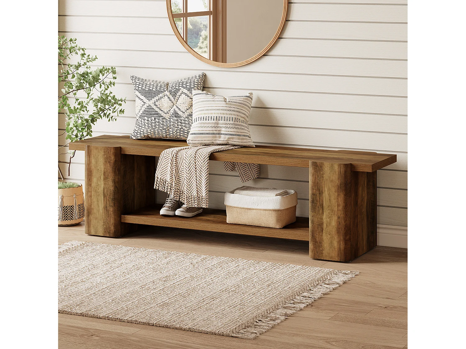 Entrébänk med öppna hyllor, sänggavelbänk i 2 nivåer, MDF 160 x 40 x 45 cm