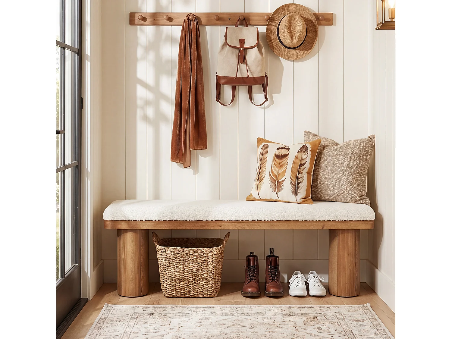 Modern massiv entrébänk med vit dyna 120 x 30 x 45 cm