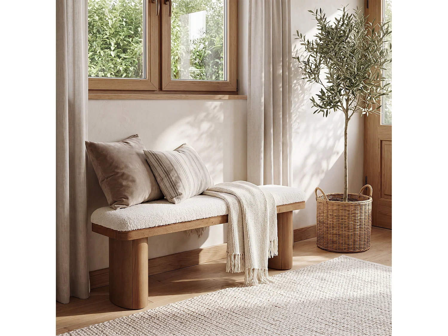 Modern massiv entrébänk med vit dyna 120 x 30 x 45 cm