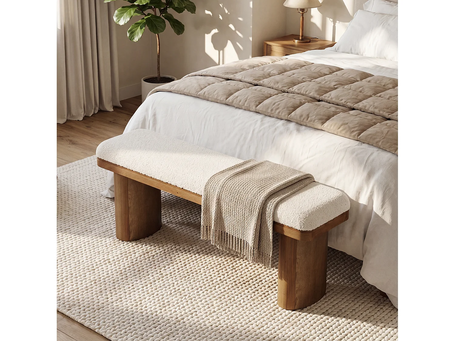 Modern massiv entrébänk med vit dyna 120 x 30 x 45 cm