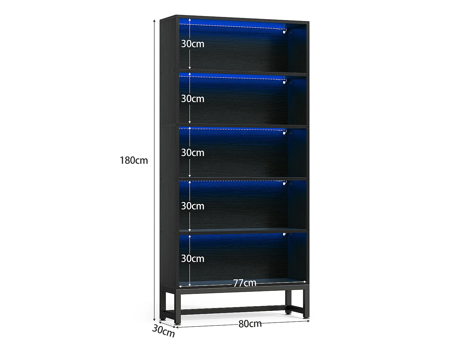 Bibliothèque noire de 180 cm de haut avec éclairage LED, grande bibliothèque de rangement à 5 niveaux