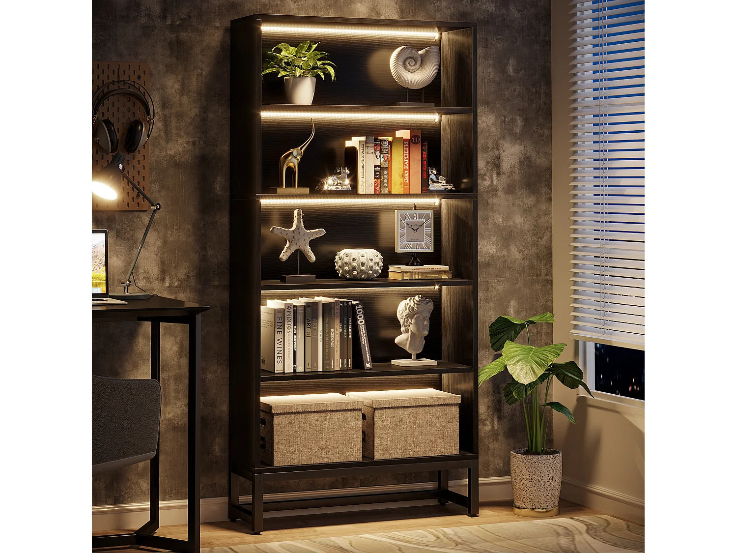 Bibliothèque noire de 180 cm de haut avec éclairage LED, grande bibliothèque de rangement à 5 niveaux