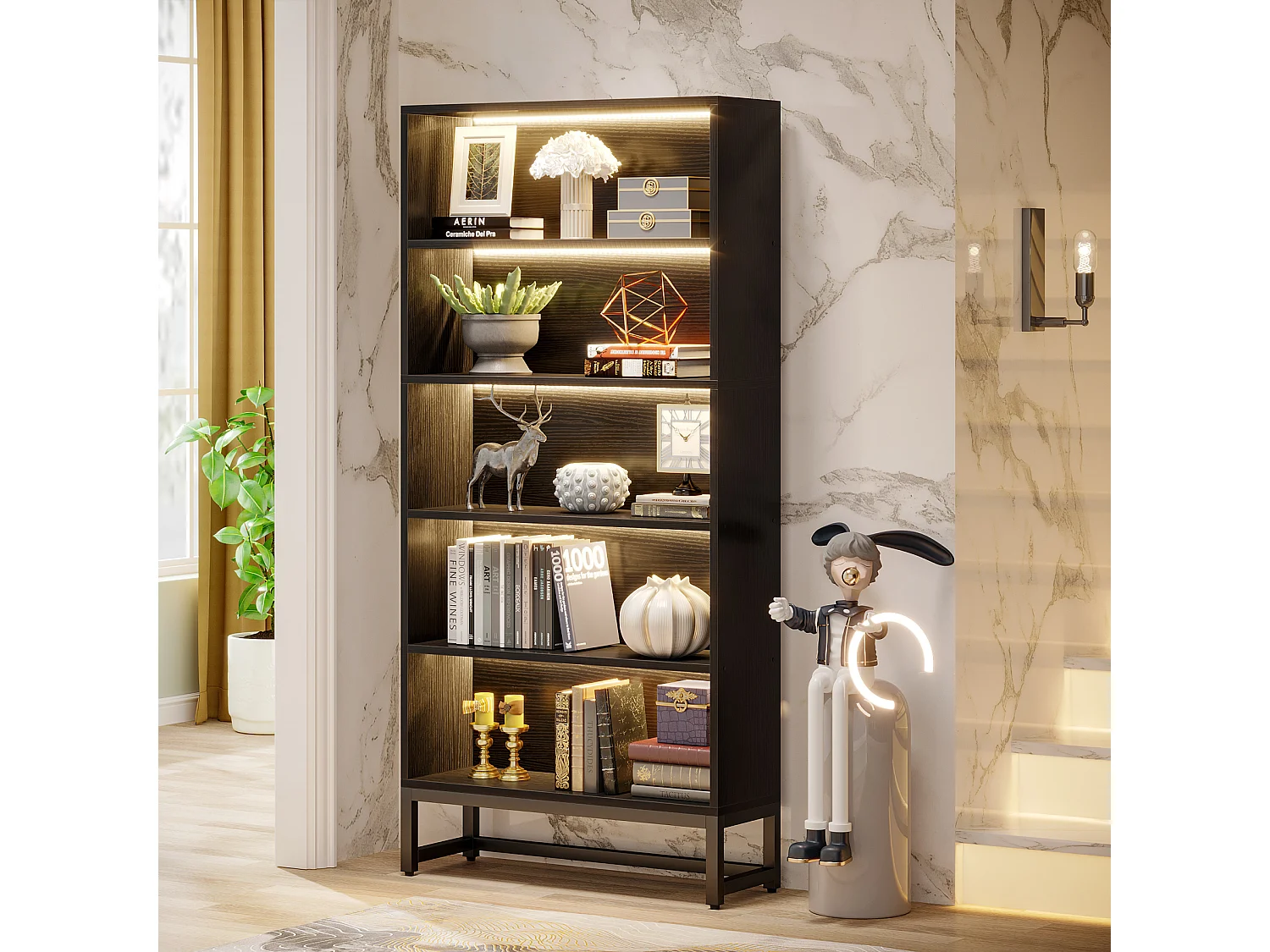 Bibliothèque noire de 180 cm de haut avec éclairage LED, grande bibliothèque de rangement à 5 niveaux