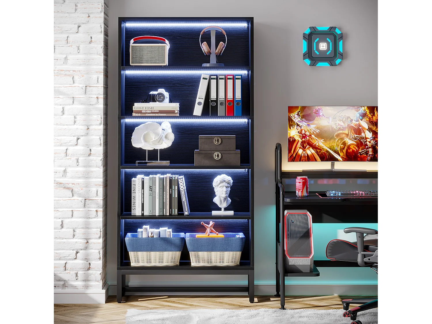 Bibliothèque noire de 180 cm de haut avec éclairage LED, grande bibliothèque de rangement à 5 niveaux
