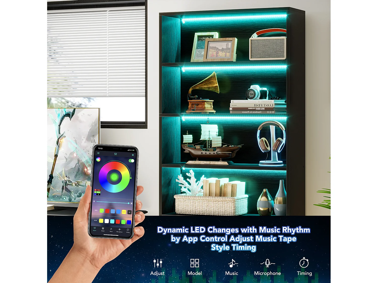 Bibliothèque noire de 180 cm de haut avec éclairage LED, grande bibliothèque de rangement à 5 niveaux