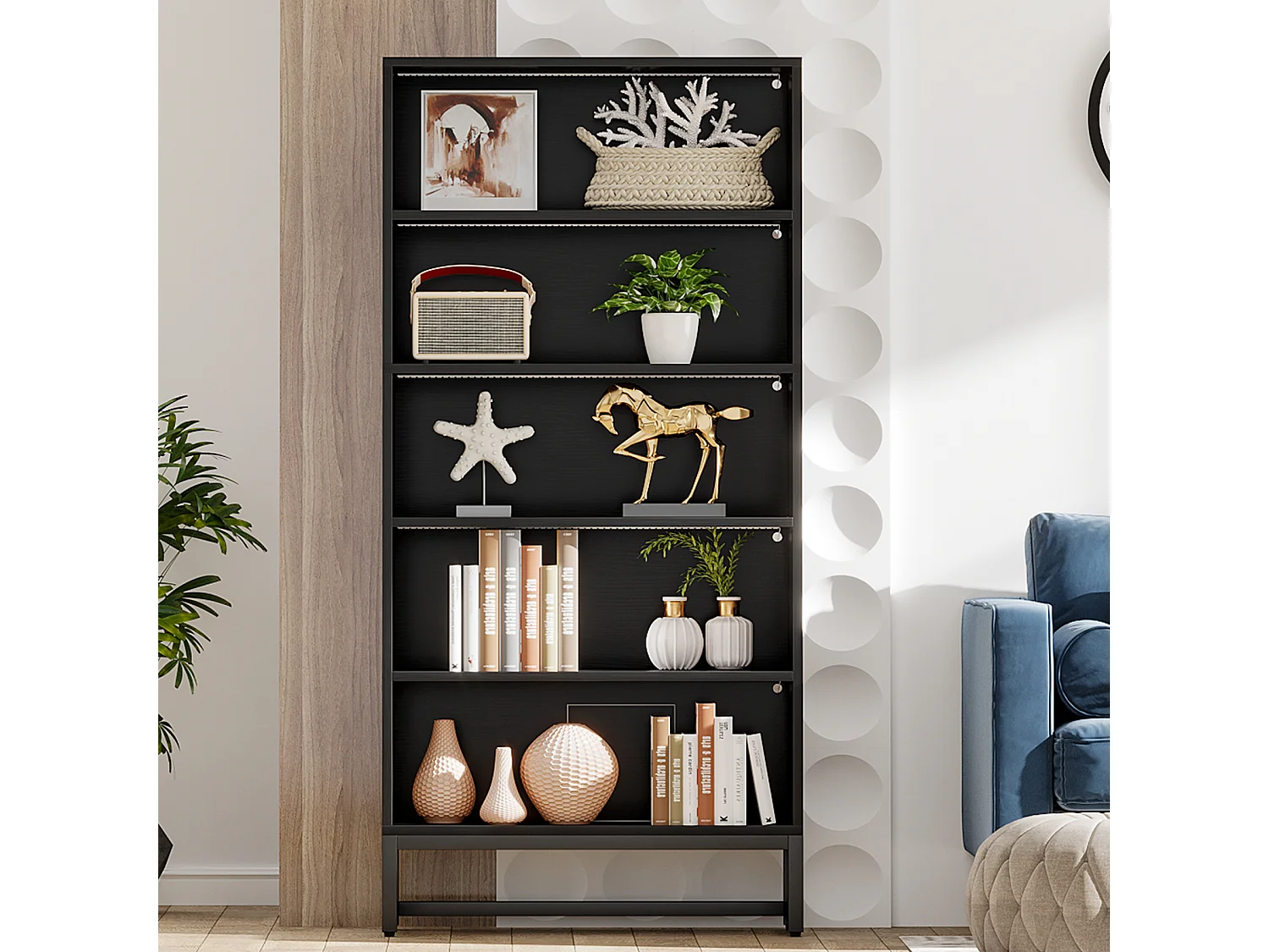 Bibliothèque noire de 180 cm de haut avec éclairage LED, grande bibliothèque de rangement à 5 niveaux