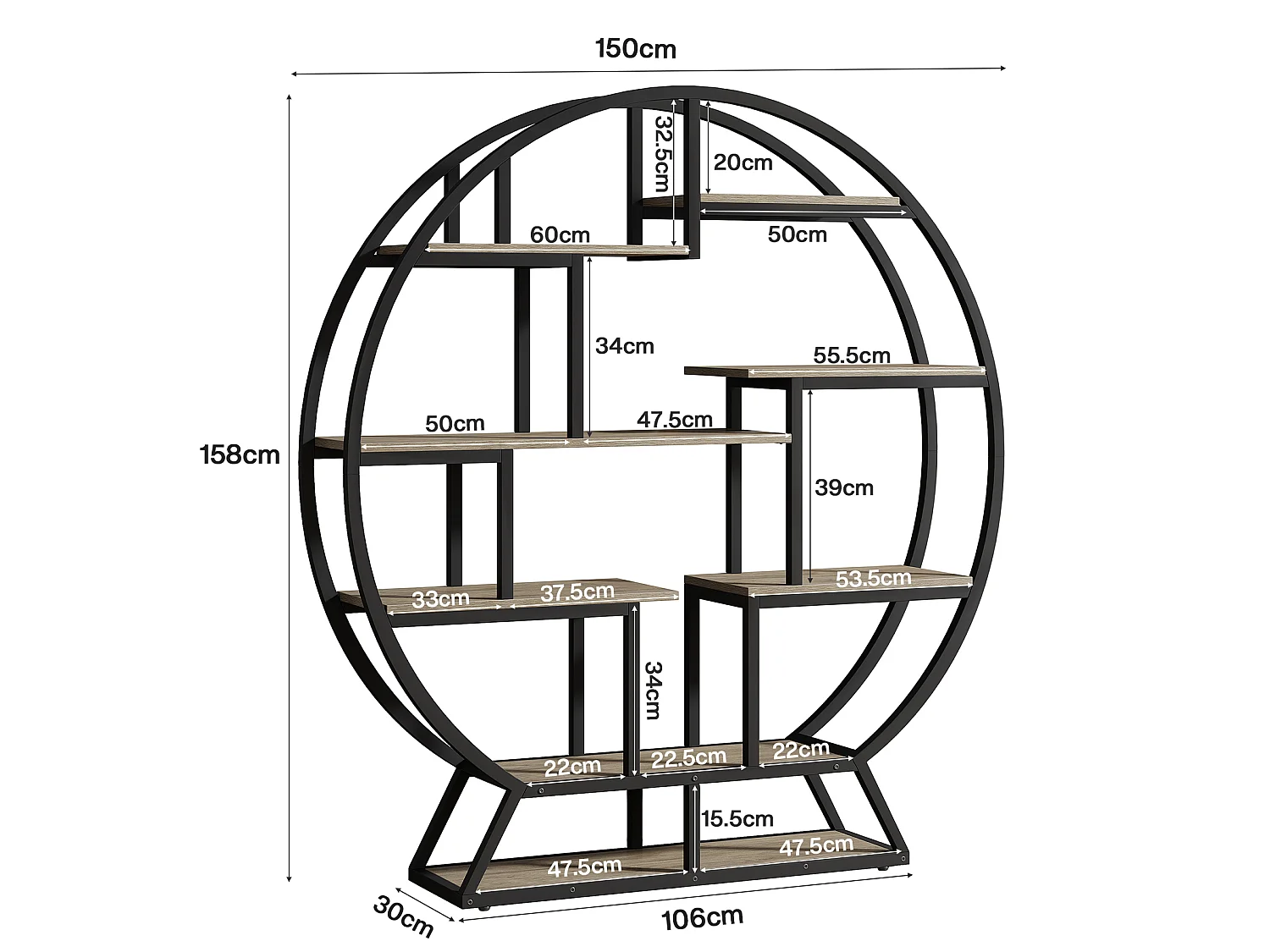 Ronde boekenkast/etagère, 159 cm hoge boekenkast met trapsgewijs geplaatste planken, grijs