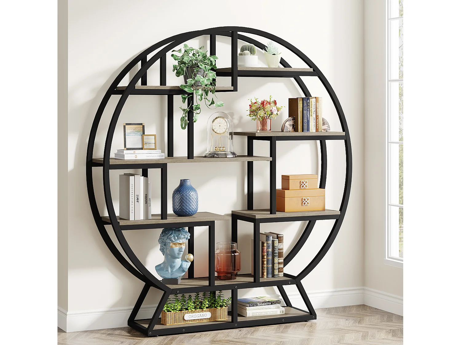 Ronde boekenkast/etagère, 159 cm hoge boekenkast met trapsgewijs geplaatste planken, grijs