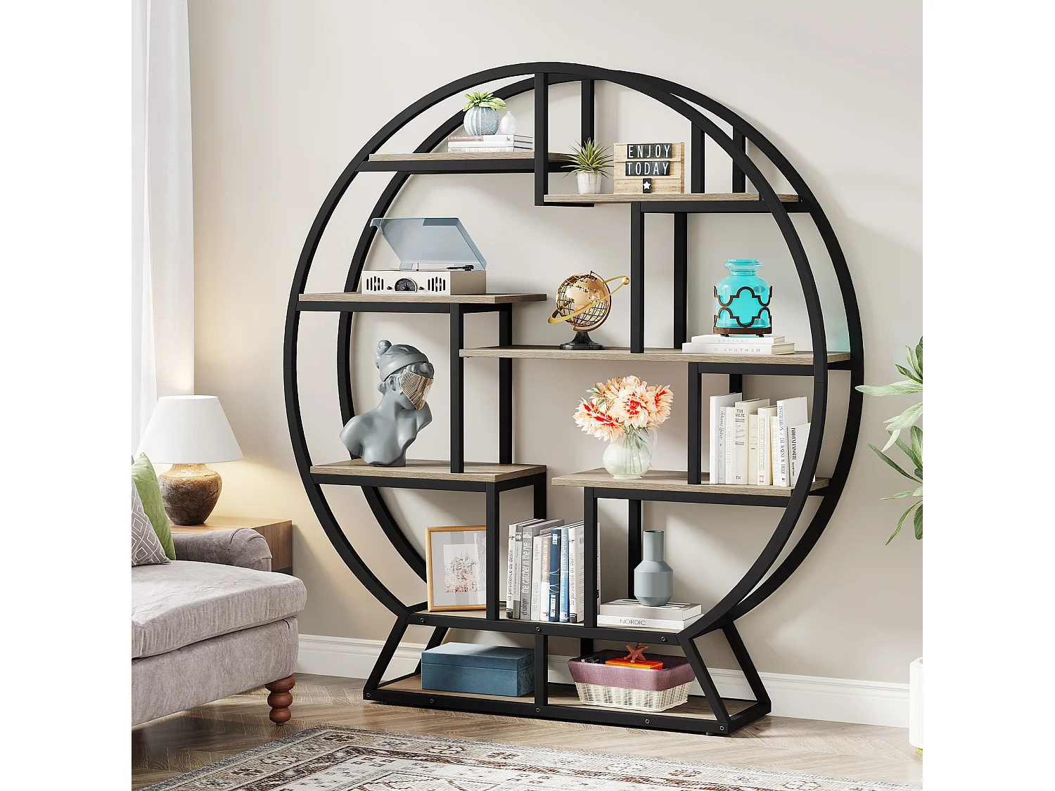 Ronde boekenkast/etagère, 159 cm hoge boekenkast met trapsgewijs geplaatste planken, grijs