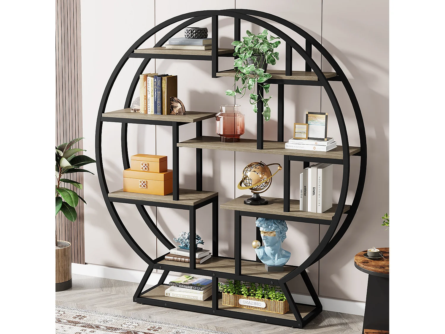 Ronde boekenkast/etagère, 159 cm hoge boekenkast met trapsgewijs geplaatste planken, grijs