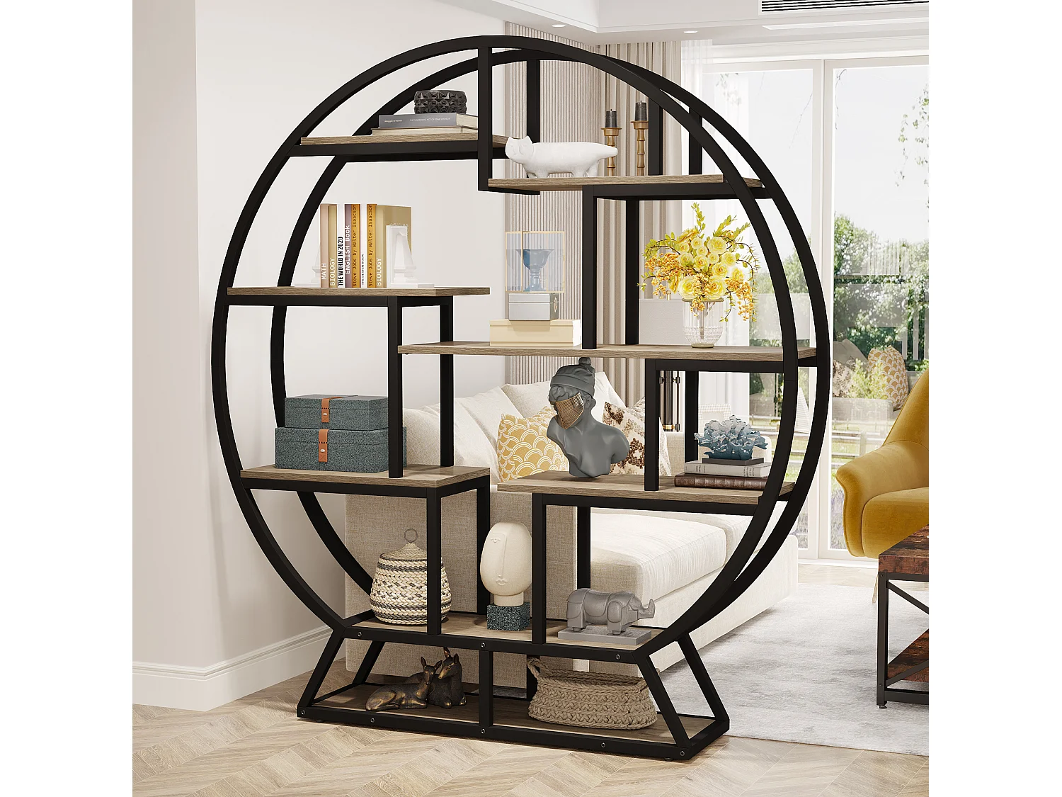 Ronde boekenkast/etagère, 159 cm hoge boekenkast met trapsgewijs geplaatste planken, grijs