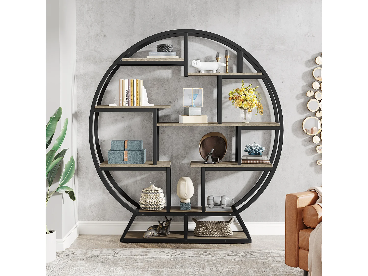 Ronde boekenkast/etagère, 159 cm hoge boekenkast met trapsgewijs geplaatste planken, grijs