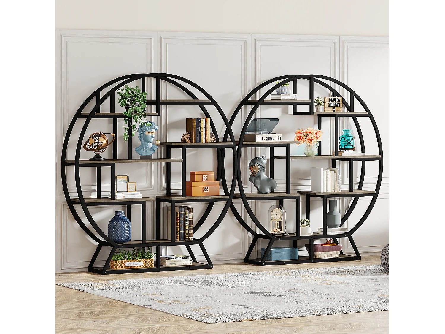 Ronde boekenkast/etagère, 159 cm hoge boekenkast met trapsgewijs geplaatste planken, grijs