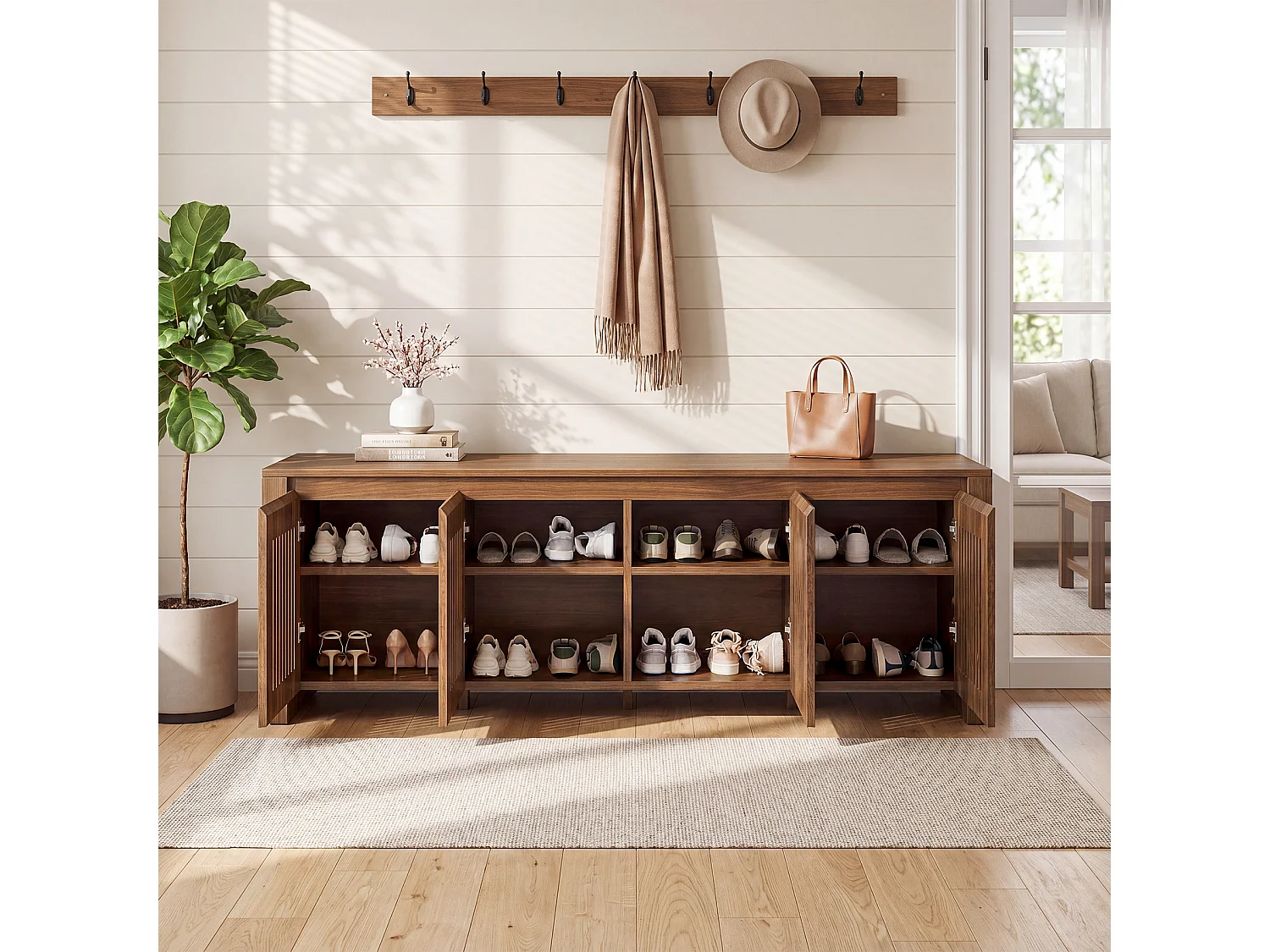 Entrébänk med förvaringshyllor, sänggavelbänk i 2 nivåer, MDF-mått 140 x 35 x 51 cm