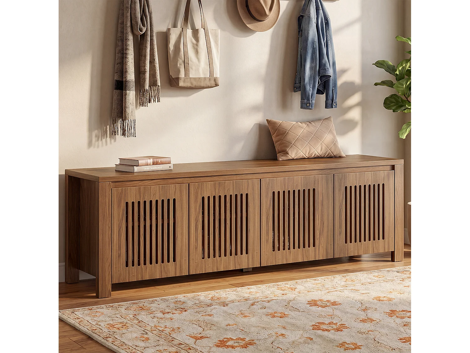 Entrébänk med förvaringshyllor, sänggavelbänk i 2 nivåer, MDF-mått 140 x 35 x 51 cm