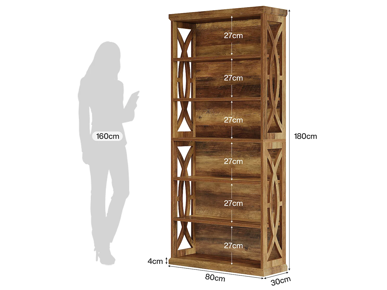 Bibliothèque de 180 cm de haut, bibliothèque en bois à 6 niveaux avec dispositifs anti-basculement, style rustique