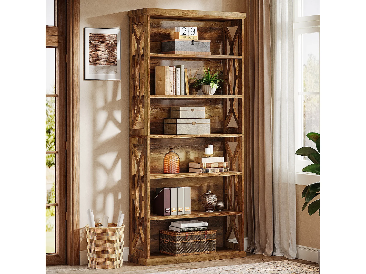 Bibliothèque de 180 cm de haut, bibliothèque en bois à 6 niveaux avec dispositifs anti-basculement, style rustique