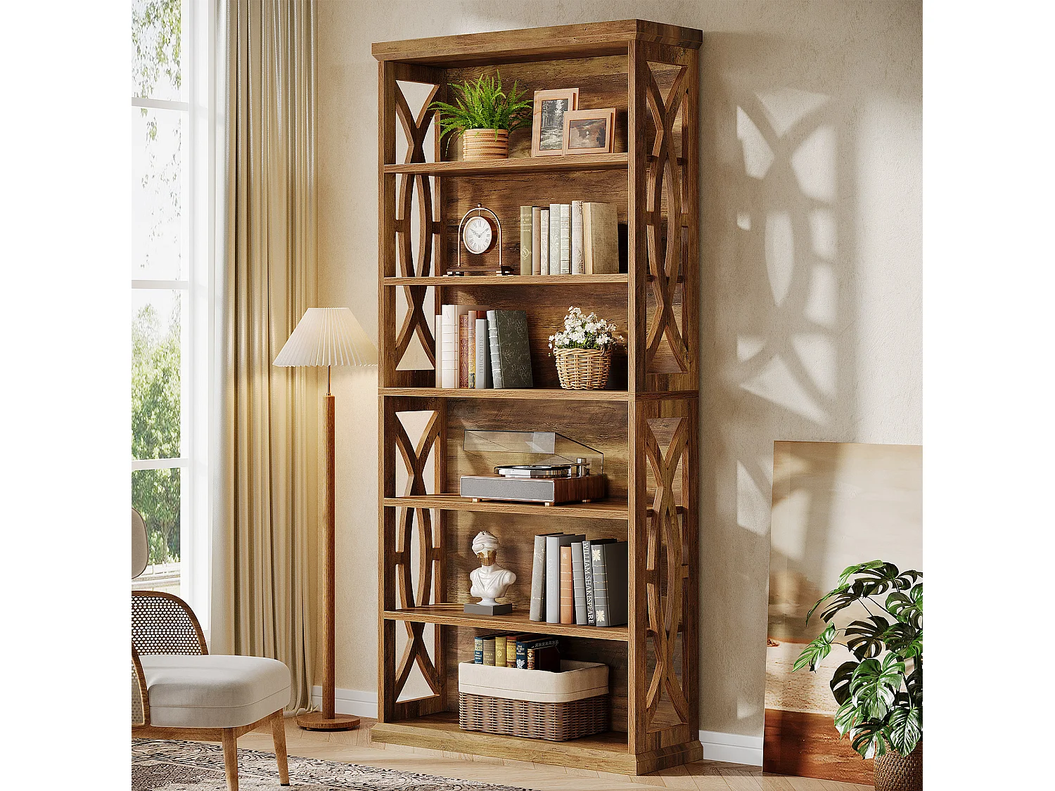Bibliothèque de 180 cm de haut, bibliothèque en bois à 6 niveaux avec dispositifs anti-basculement, style rustique