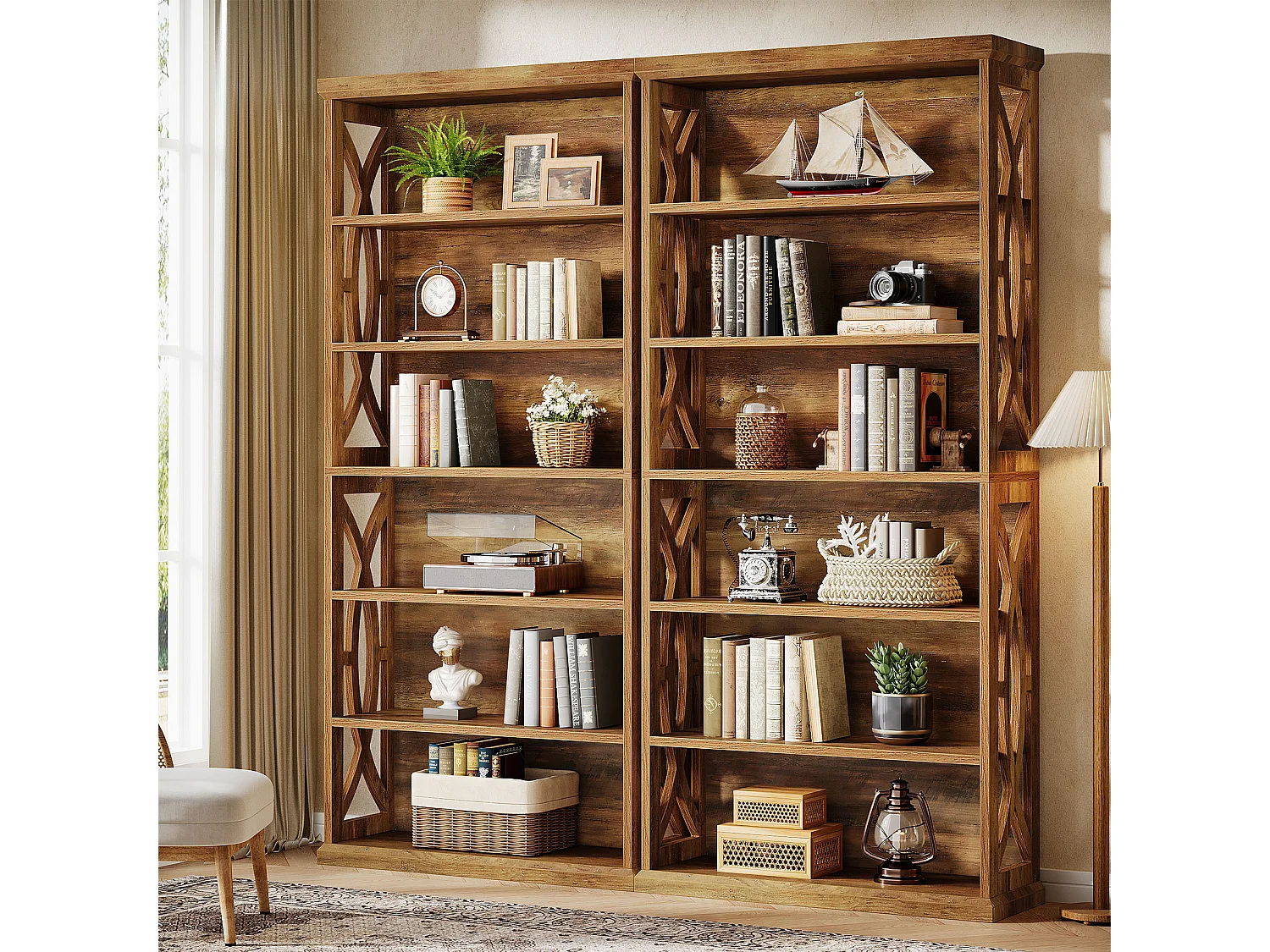 Bibliothèque de 180 cm de haut, bibliothèque en bois à 6 niveaux avec dispositifs anti-basculement, style rustique