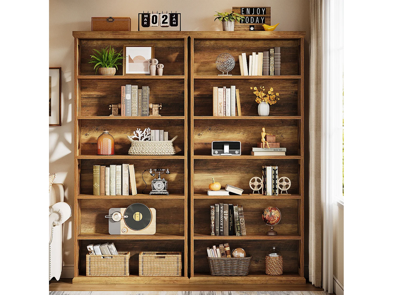 Bibliothèque de 180 cm de haut, bibliothèque en bois à 6 niveaux avec dispositifs anti-basculement, style rustique