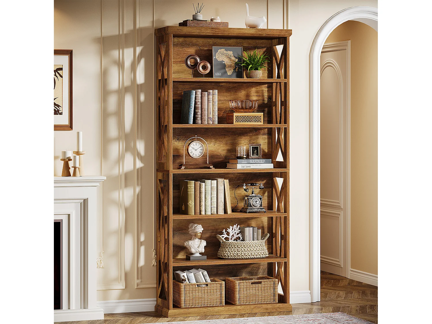Bibliothèque de 180 cm de haut, bibliothèque en bois à 6 niveaux avec dispositifs anti-basculement, style rustique