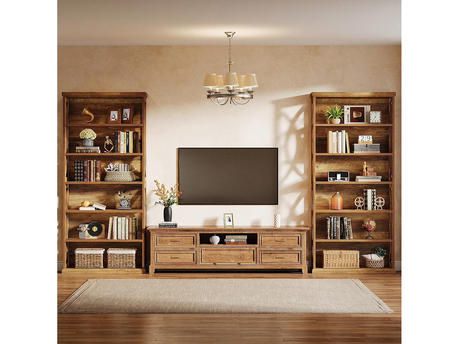 Bibliothèque de 180 cm de haut, bibliothèque en bois à 6 niveaux avec dispositifs anti-basculement, style rustique