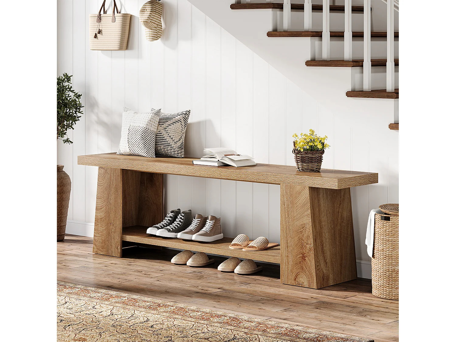 Entrébänk med öppna hyllor, sänggavelbänk i 2 nivåer, MDF 150 x 30 x 44 cm