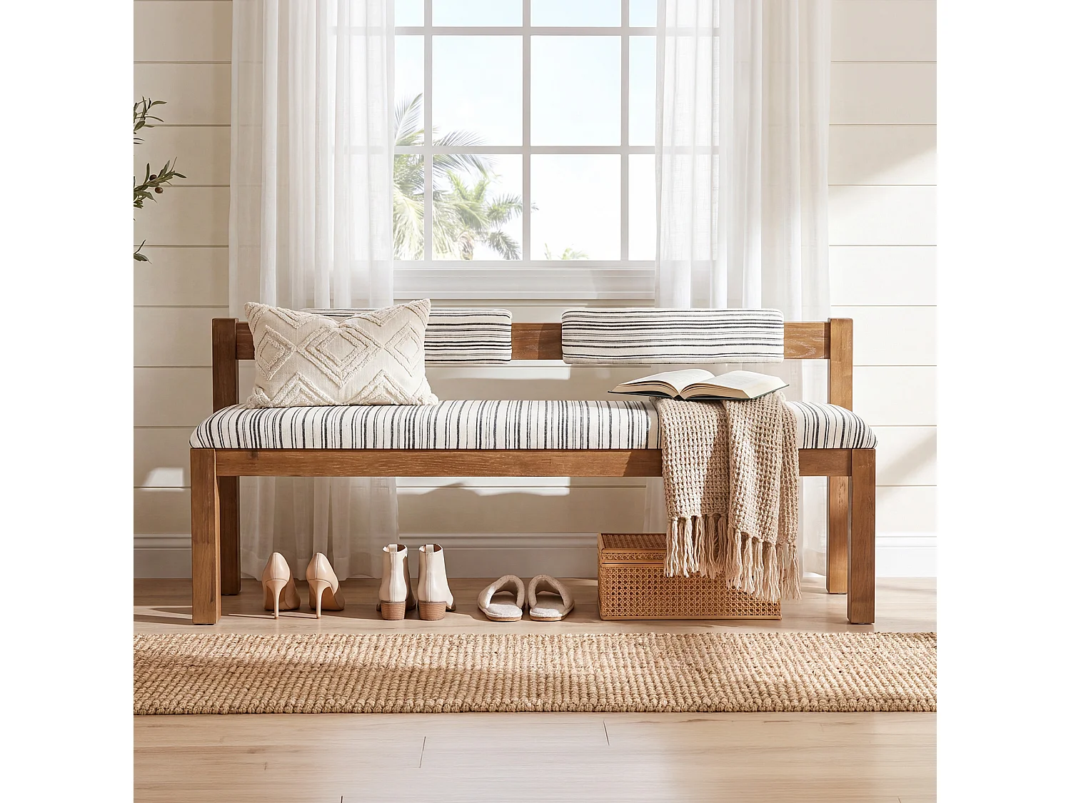 Entrébänk med sittdyna, sänggavlbänk, Bois massif 140 x 45 x 72 cm