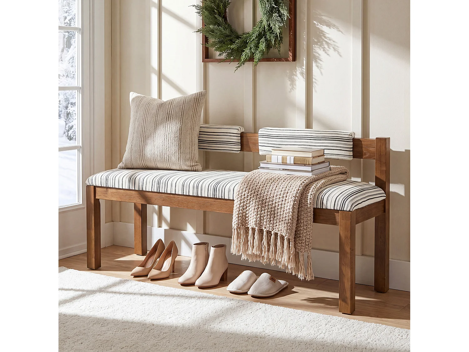 Entrébänk med sittdyna, sänggavlbänk, Bois massif 140 x 45 x 72 cm