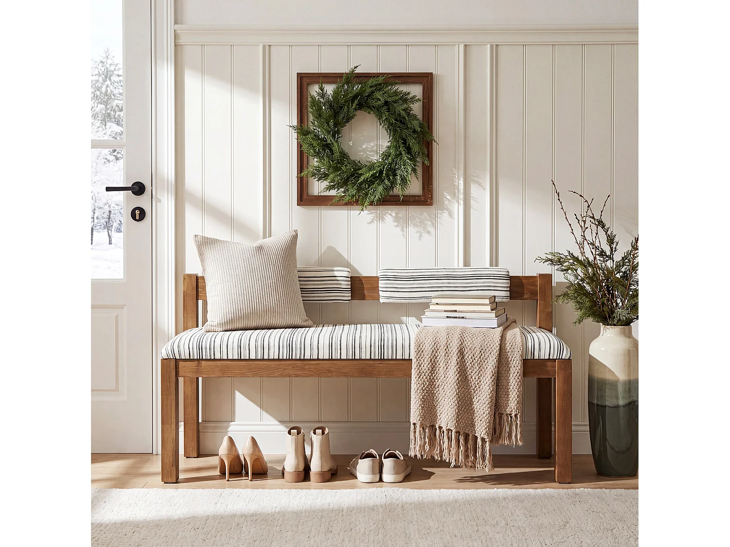 Entrébänk med sittdyna, sänggavlbänk, Bois massif 140 x 45 x 72 cm