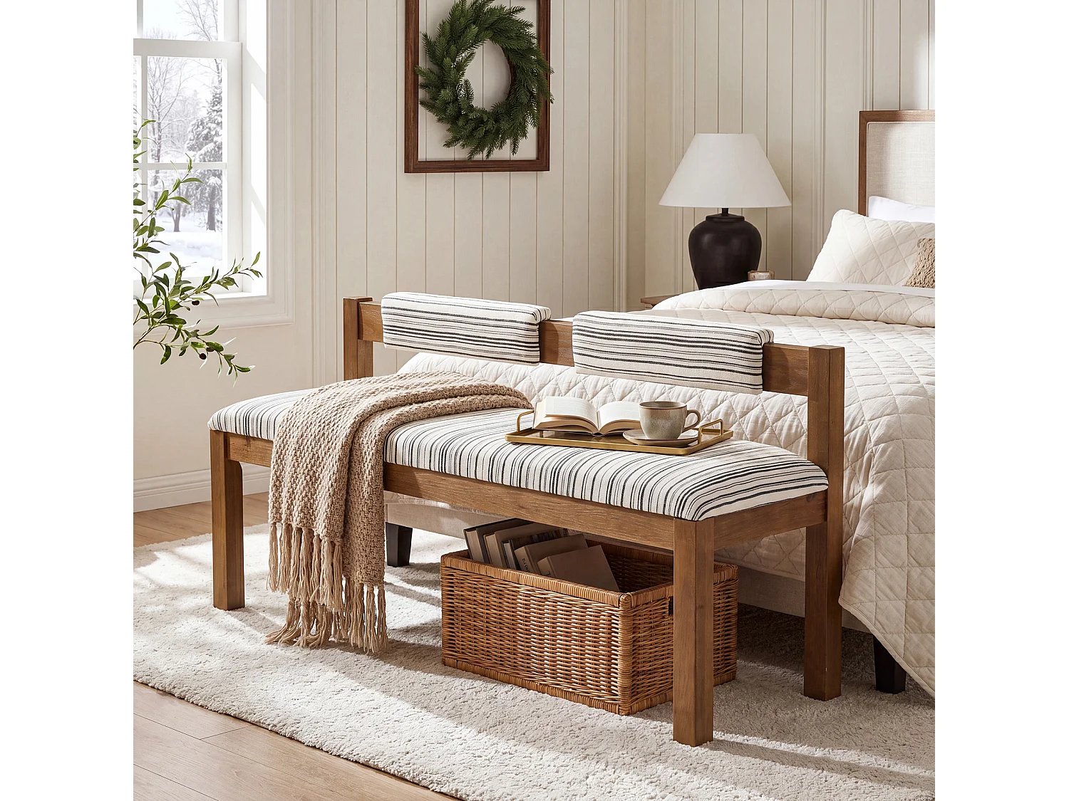 Entrébänk med sittdyna, sänggavlbänk, Bois massif 140 x 45 x 72 cm