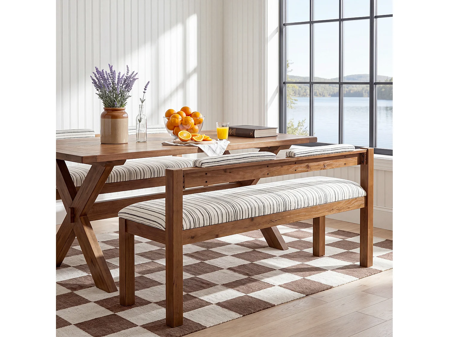 Entrébänk med sittdyna, sänggavlbänk, Bois massif 140 x 45 x 72 cm