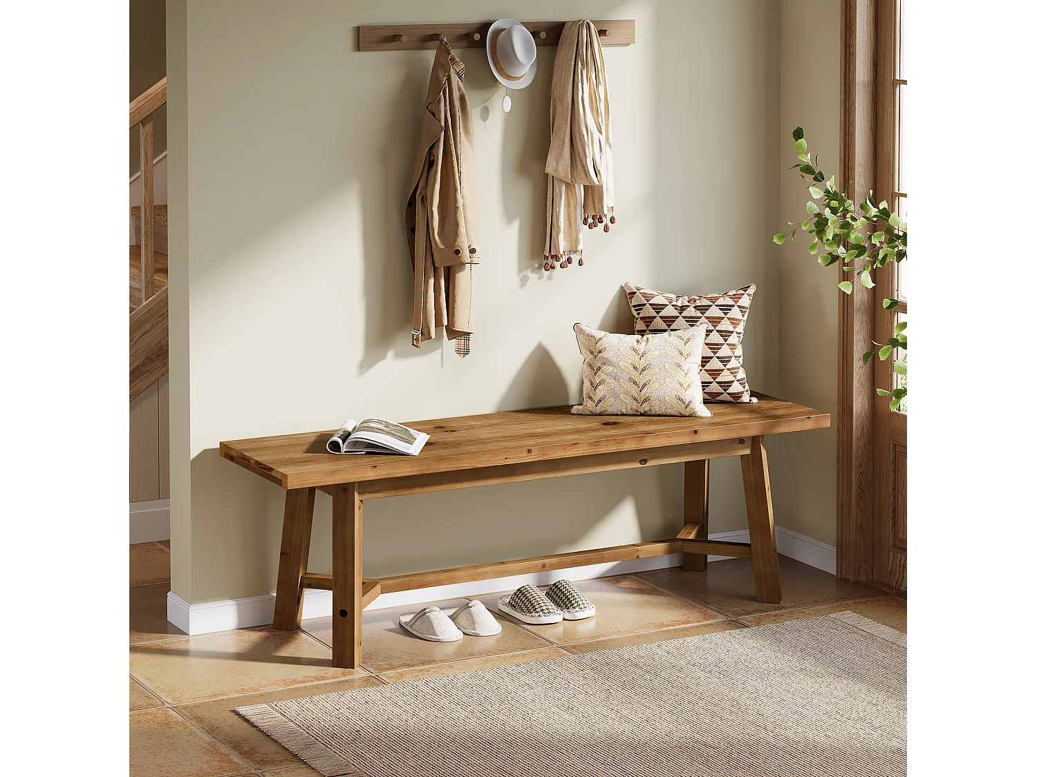 140 cm matbänk i massivt trä, lång köksbänk i lantlig stil med förstärkta ben