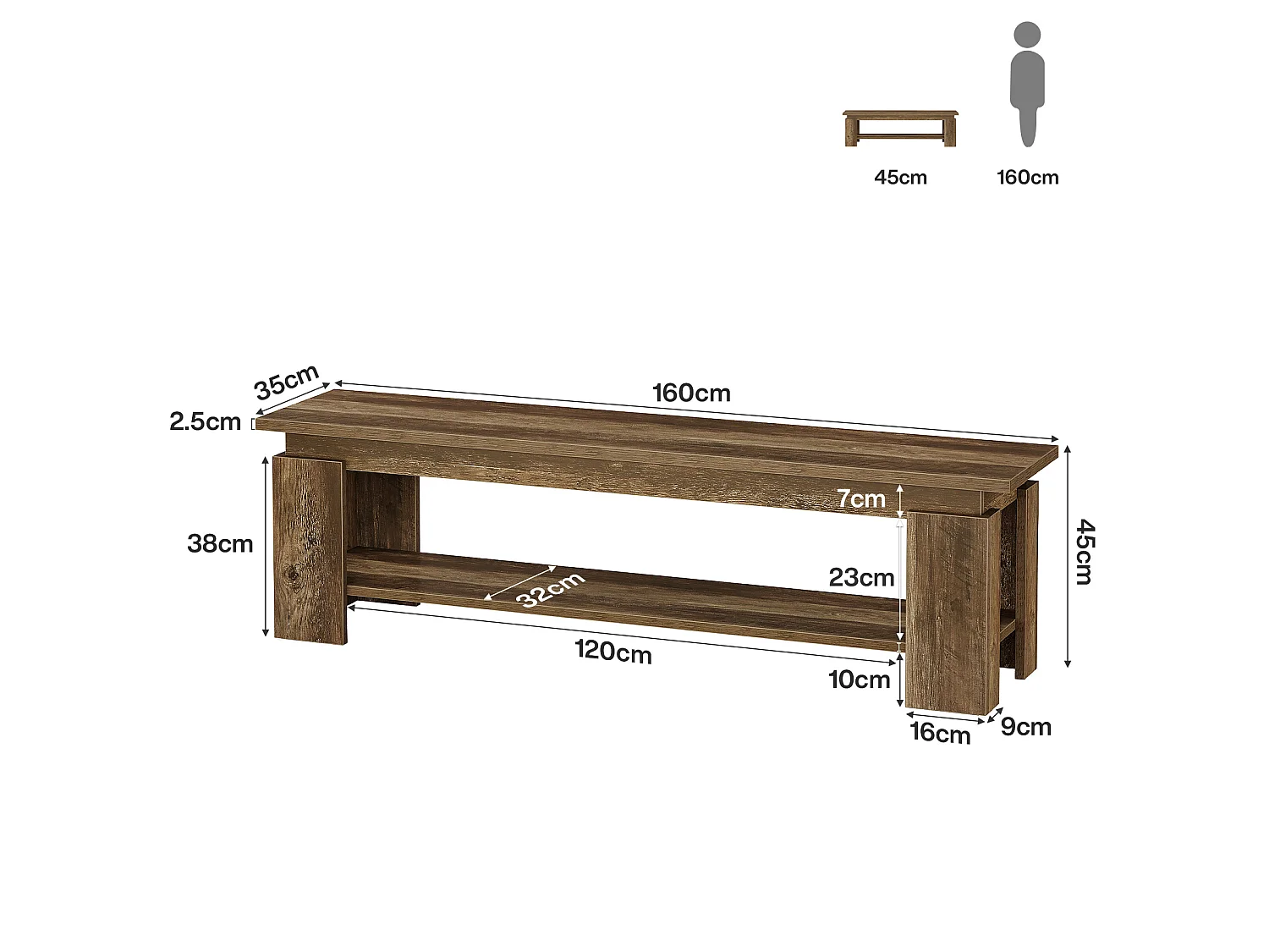 160 cm lång entrébänk, rustik skobänk i trä med förvaringshylla