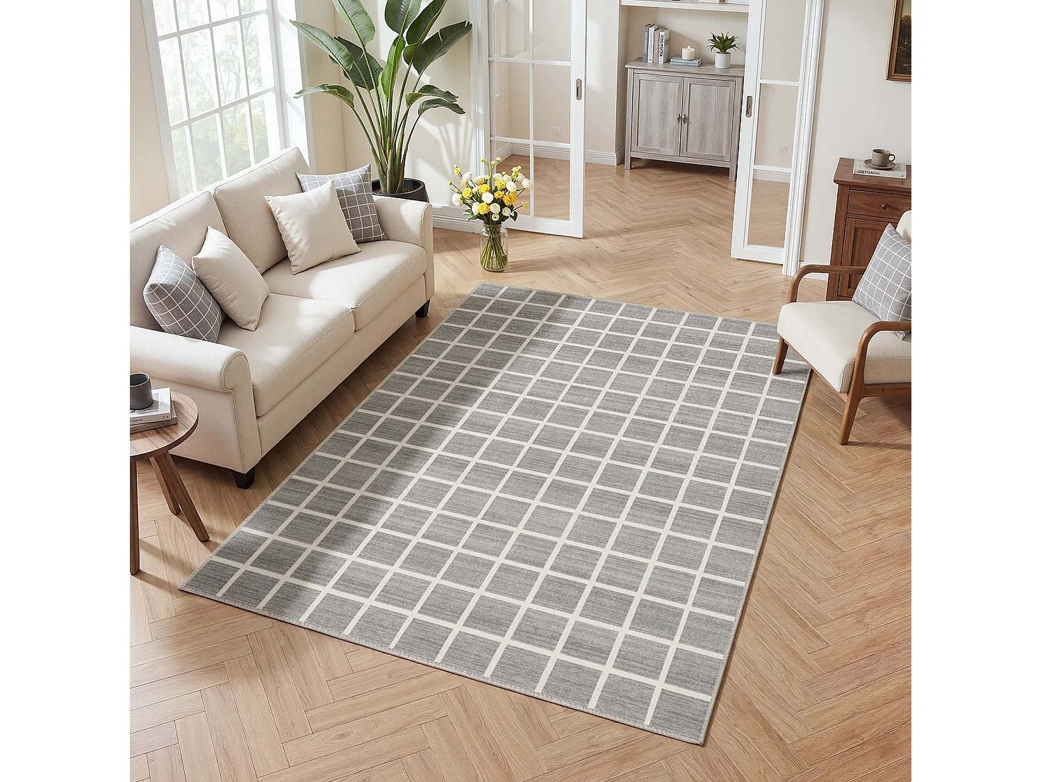 Tapis à carreaux modernes pour salon - Tapis lavables - 160 x 230 cm Gris
