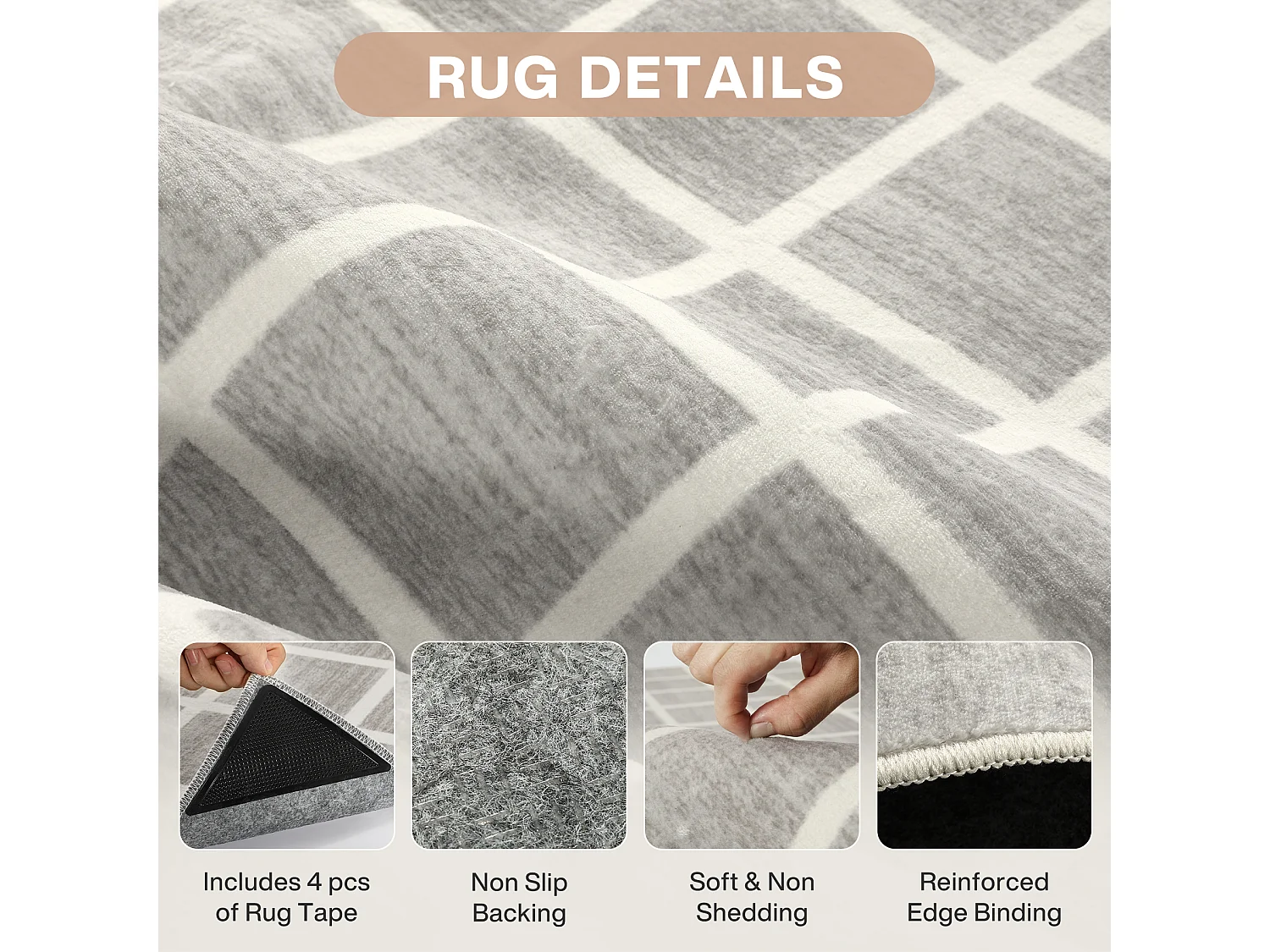 Tapis à carreaux modernes pour salon - Tapis lavables - 160 x 230 cm Gris