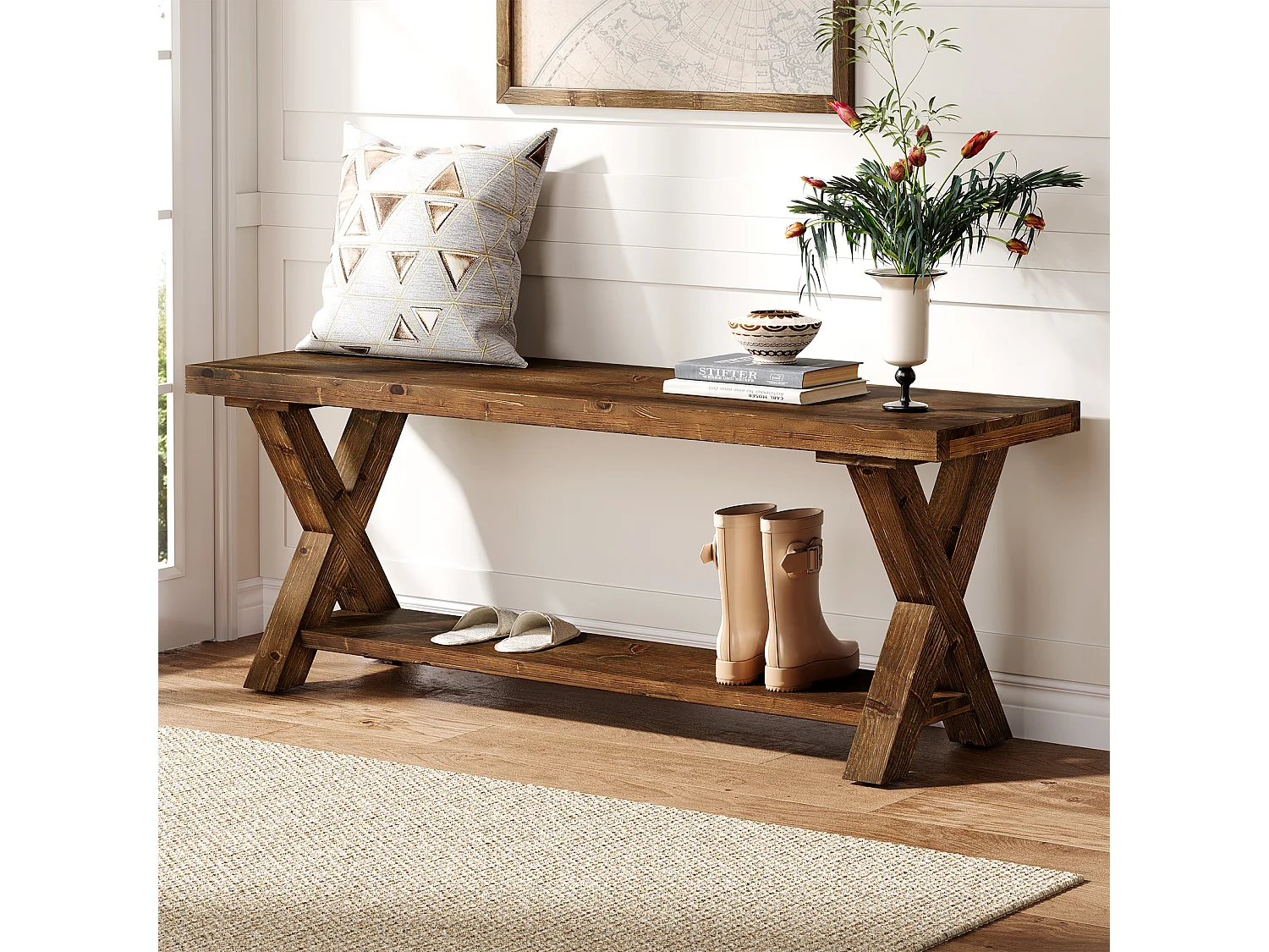 Entrébänk med öppna hyllor, sänggavelbänk i två nivåer, Bois massif 110 x 35 x 45 cm
