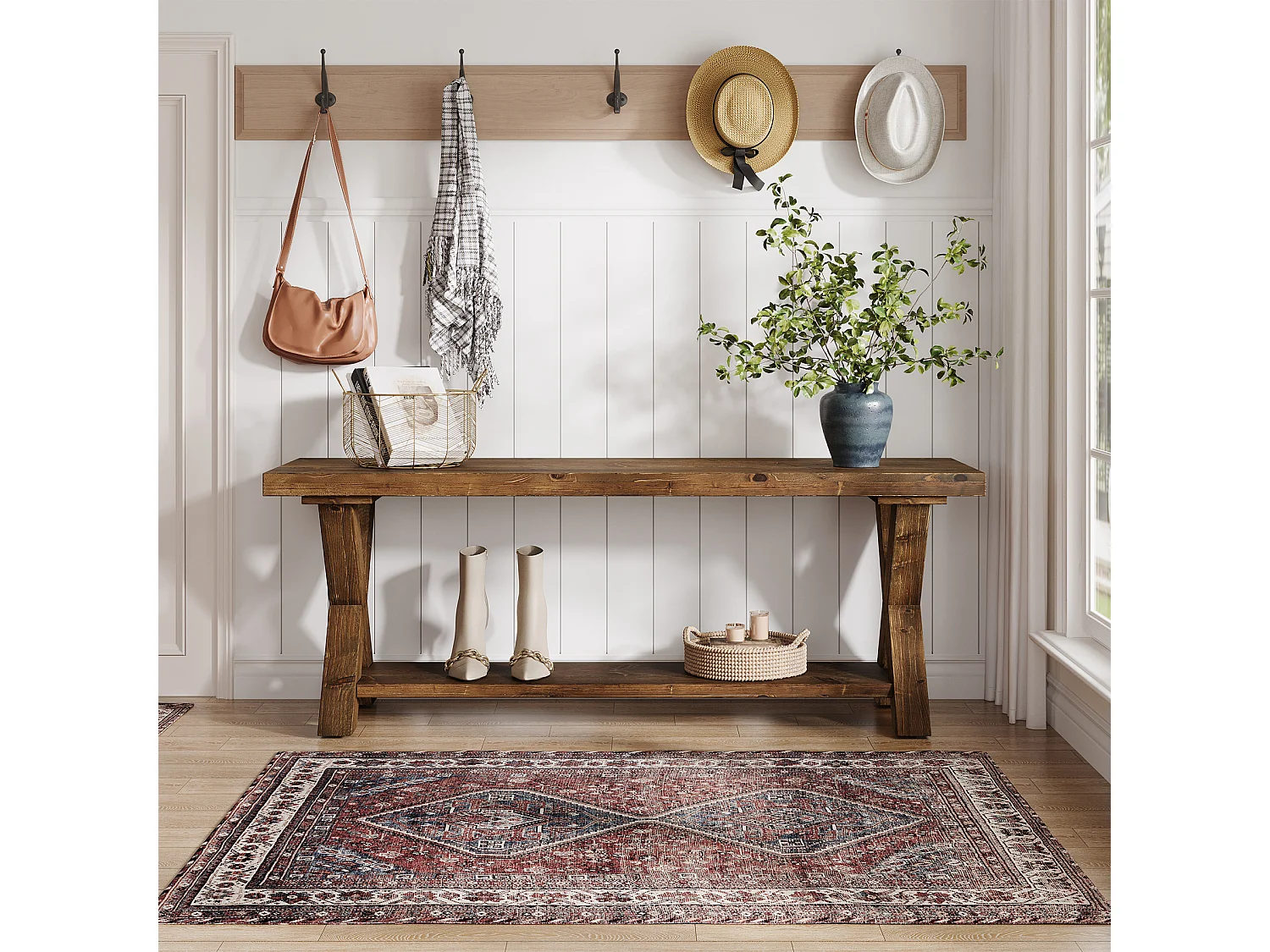 Entrébänk med öppna hyllor, sänggavelbänk i två nivåer, Bois massif 110 x 35 x 45 cm