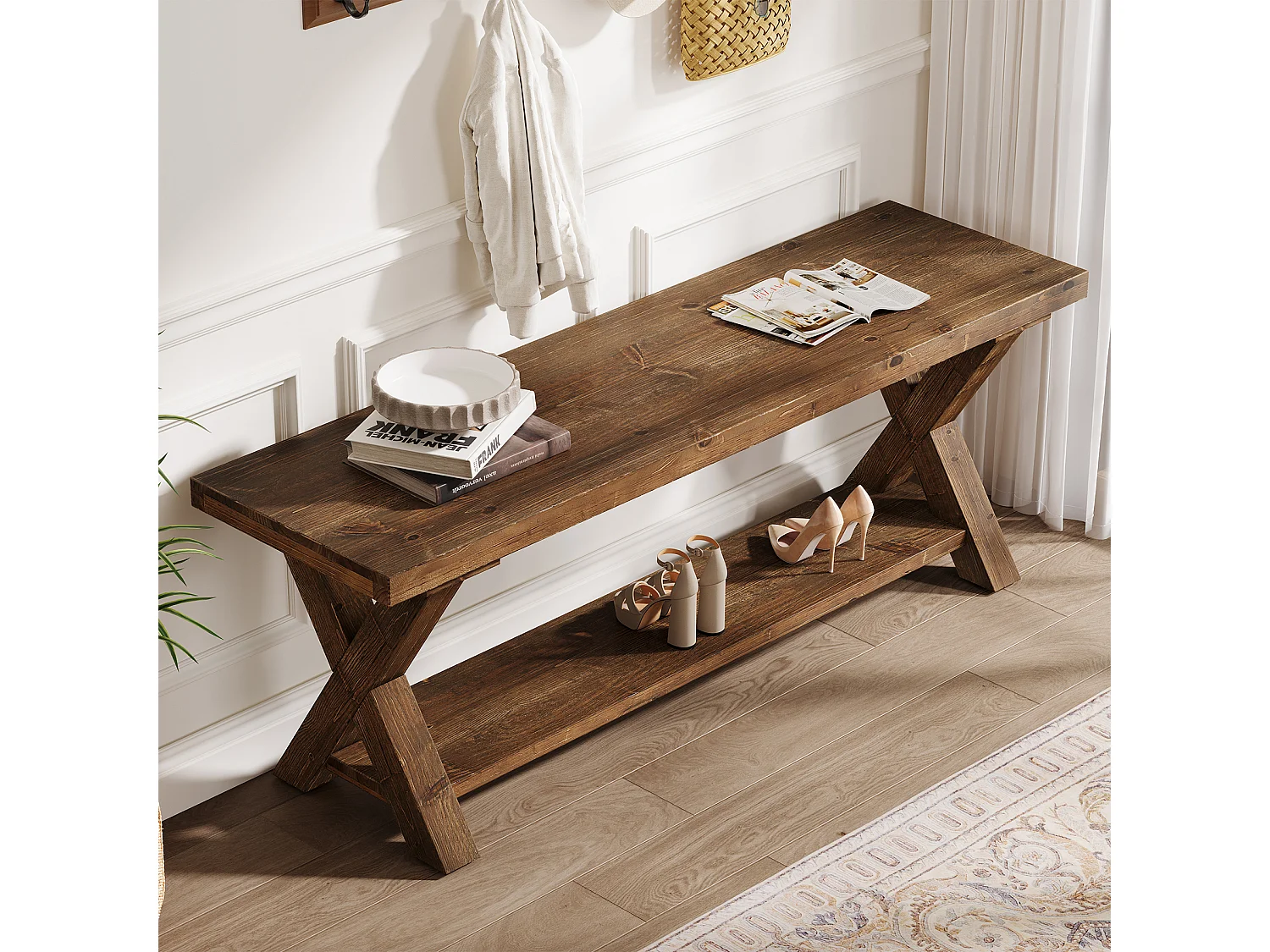 Entrébänk med öppna hyllor, sänggavelbänk i två nivåer, Bois massif 110 x 35 x 45 cm
