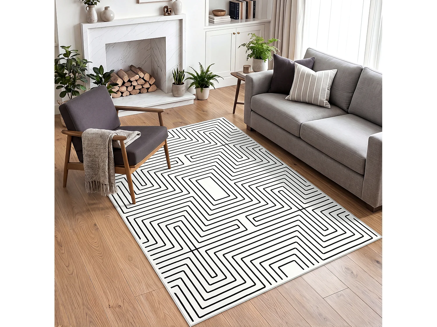 Tapis modernes pour salon - Tapis géométriques lavables - 160 x 230 cm Noir/Blanc
