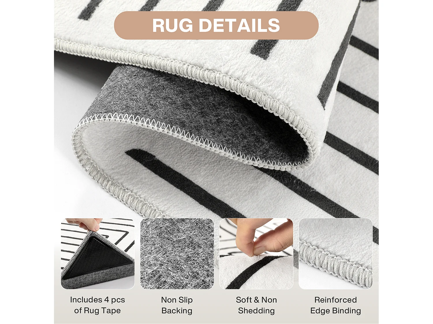 Tapis modernes pour salon - Tapis géométriques lavables - 160 x 230 cm Noir/Blanc