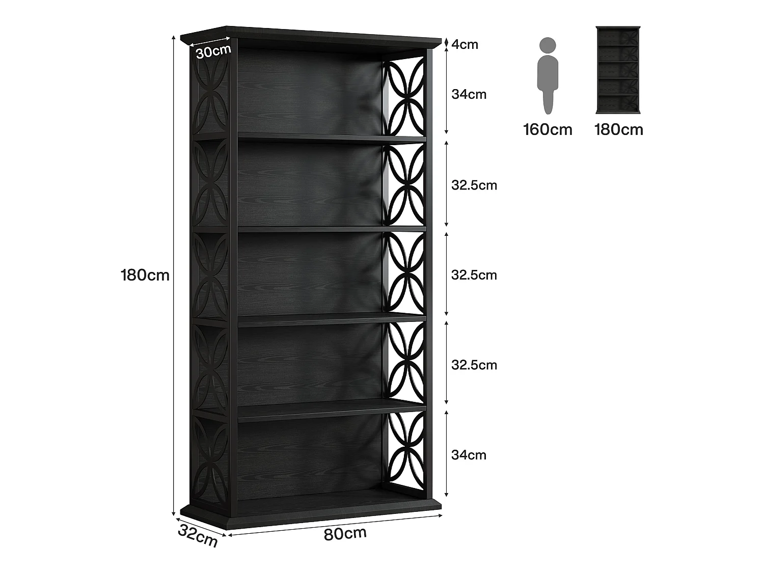 Bibliothèque haute à 6 niveaux, 180 cm, noire, avec structure en métal, étagères de rangement ouvertes autoportantes