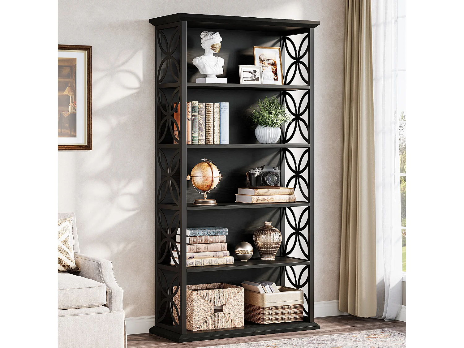 Bibliothèque haute à 6 niveaux, 180 cm, noire, avec structure en métal, étagères de rangement ouvertes autoportantes
